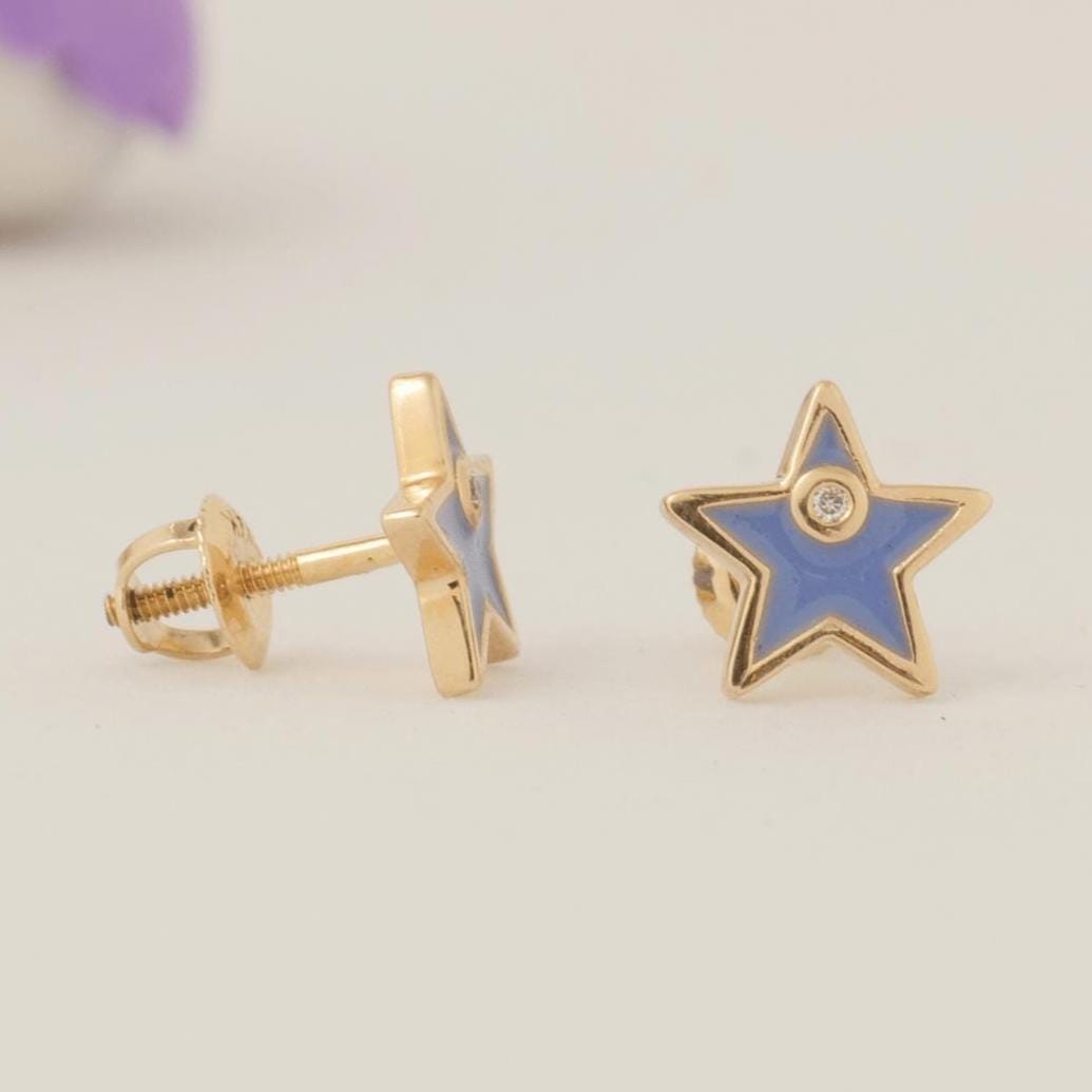 Star Diamond Kids Earrings, 14k Solid Gold Enamel Studs, Natural Diamonds, Everyday jewelry, Gift for girls, Ready To Ship, HRD Certified