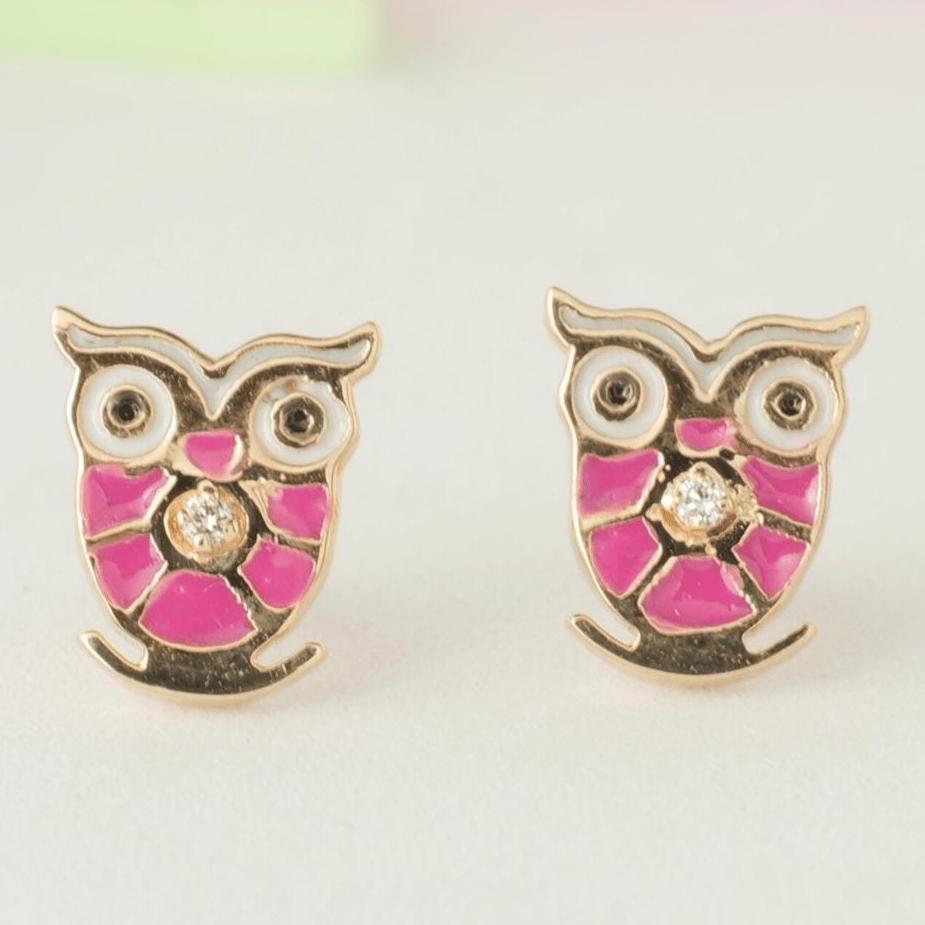 Owl Diamond Kids Stud Earrings, Enamel Studs, 14k Solid Gold, Natural Diamond, Gift for toddlers/girls/kid, Ready to Ship