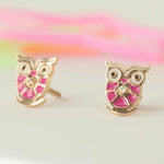 Load image into Gallery viewer, Owl Diamond Kids Stud Earrings, Enamel Studs, 14k Solid Gold, Natural Diamond, Gift for toddlers/girls/kid, Ready to Ship