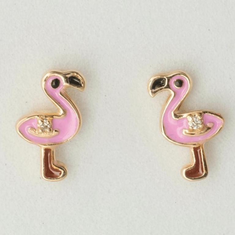 Flamingo Diamond Kids Stud Earrings, Enamel Studs, 14k Solid Gold, Natural Diamond, Everyday jewelry, Gift for toddlers/girls, Ready To Ship