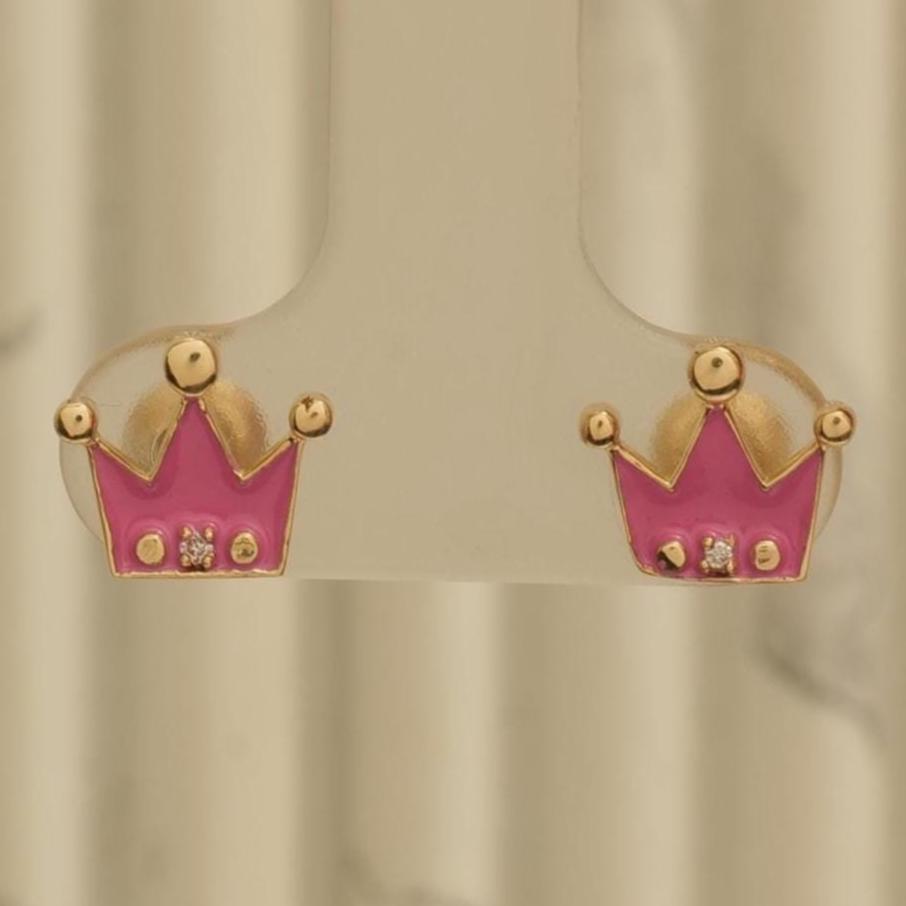 Diamond Crown Kids Earrings, Pink Enamel Studs, 14k Solid Gold, Natural Diamonds, Everyday jewelry, Gift for toddlers/girls, Ready To Ship