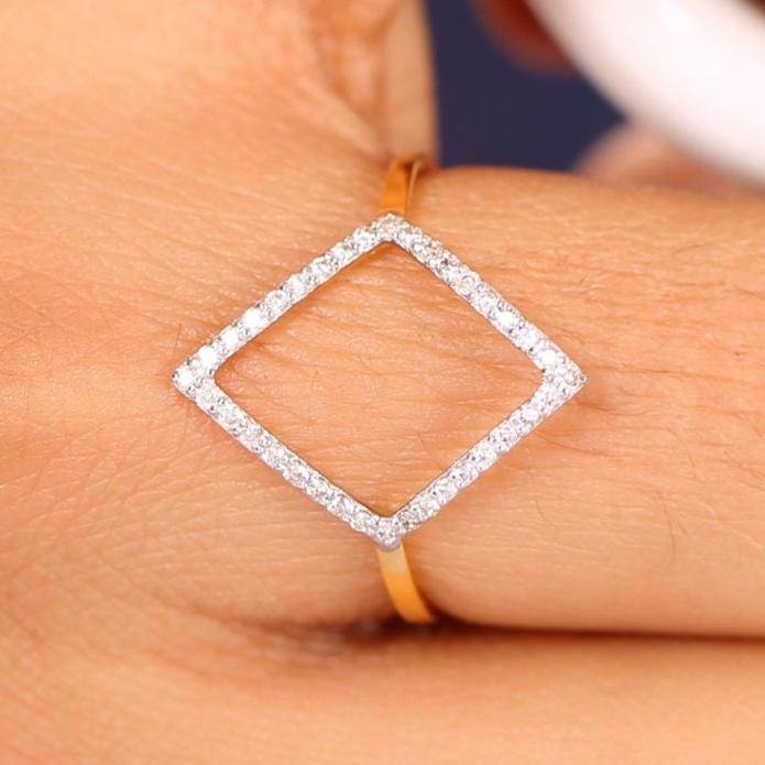 Rhombus Diamond Ring, 14k Solid Gold, Natural Diamond, Pave Diamond Minimalist Ring, Gift for her, Geometric Stacking Ring, Everyday Jewelry