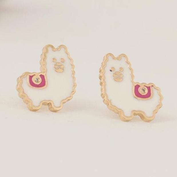 Kids Llama Diamond Earrings, 14k Solid Gold, Natural Diamonds, Enamel Animal Studs, Gift for toddlers/girls/kids, Ready To Ship