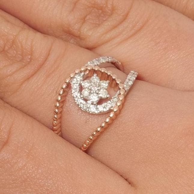 Floral Gold Diamond Ring, 14k Solid Gold, Natural Diamonds, Split Band Open Ring, Dual Tone Ring, Gift for Her