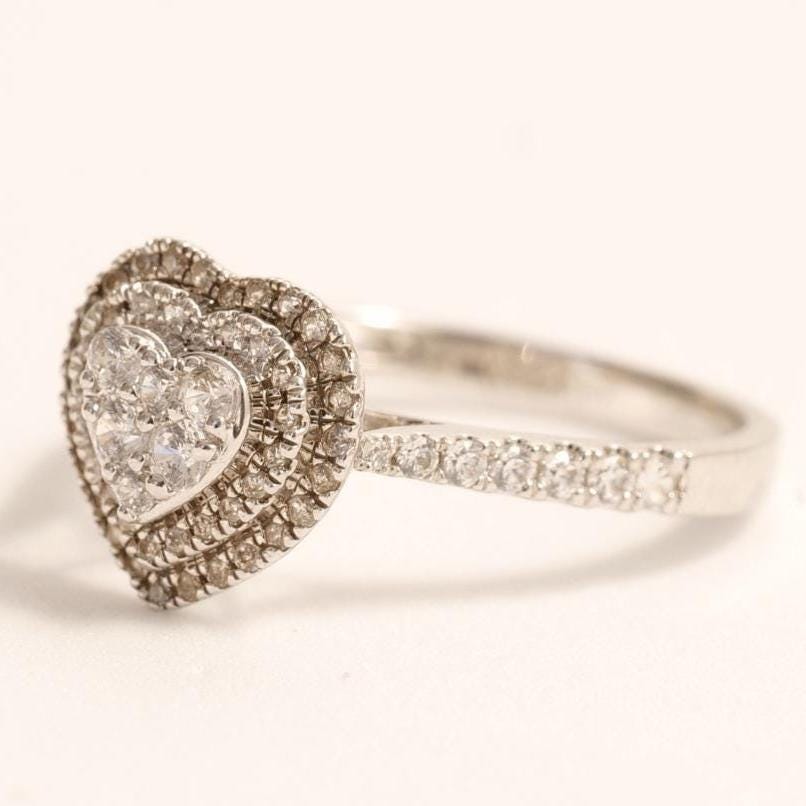 Heart Diamond Ring, 14k Solid Gold, Natural Diamonds, Double Halo Promise Ring, Cluster Statement Ring, Proposal Jewelry, Gift For Her