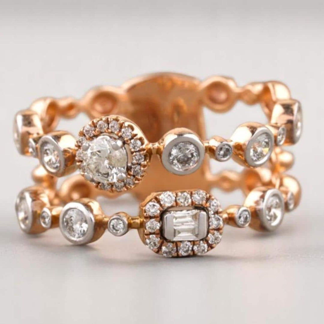 Round & Baguette Natural Diamonds Ring, 14k Solid Gold, Double Band Eternity Ring, Halo Bezel Set Band, Double Layer Ring, Gift For Her