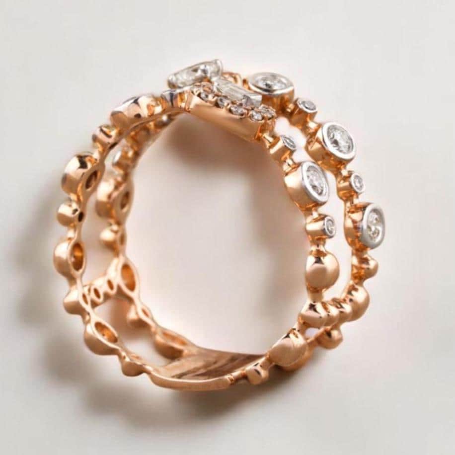 Round & Baguette Natural Diamonds Ring, 14k Solid Gold, Double Band Eternity Ring, Halo Bezel Set Band, Double Layer Ring, Gift For Her