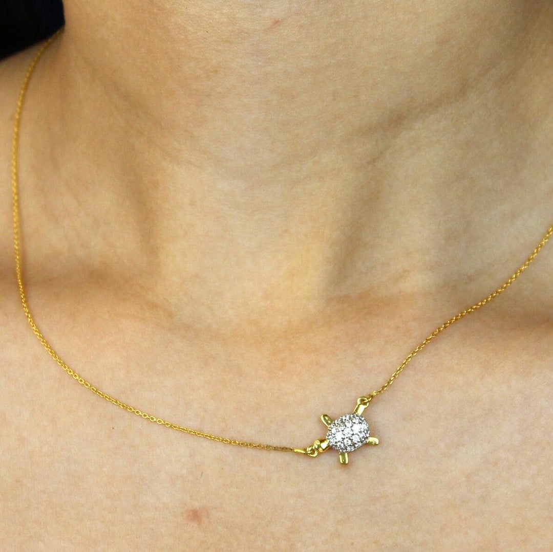 Diamond Turtle Pendant Necklace, 14k Solid Gold, Natural Diamonds, , Good Luck Charm Necklace, Animal Jewelry Gift For Her