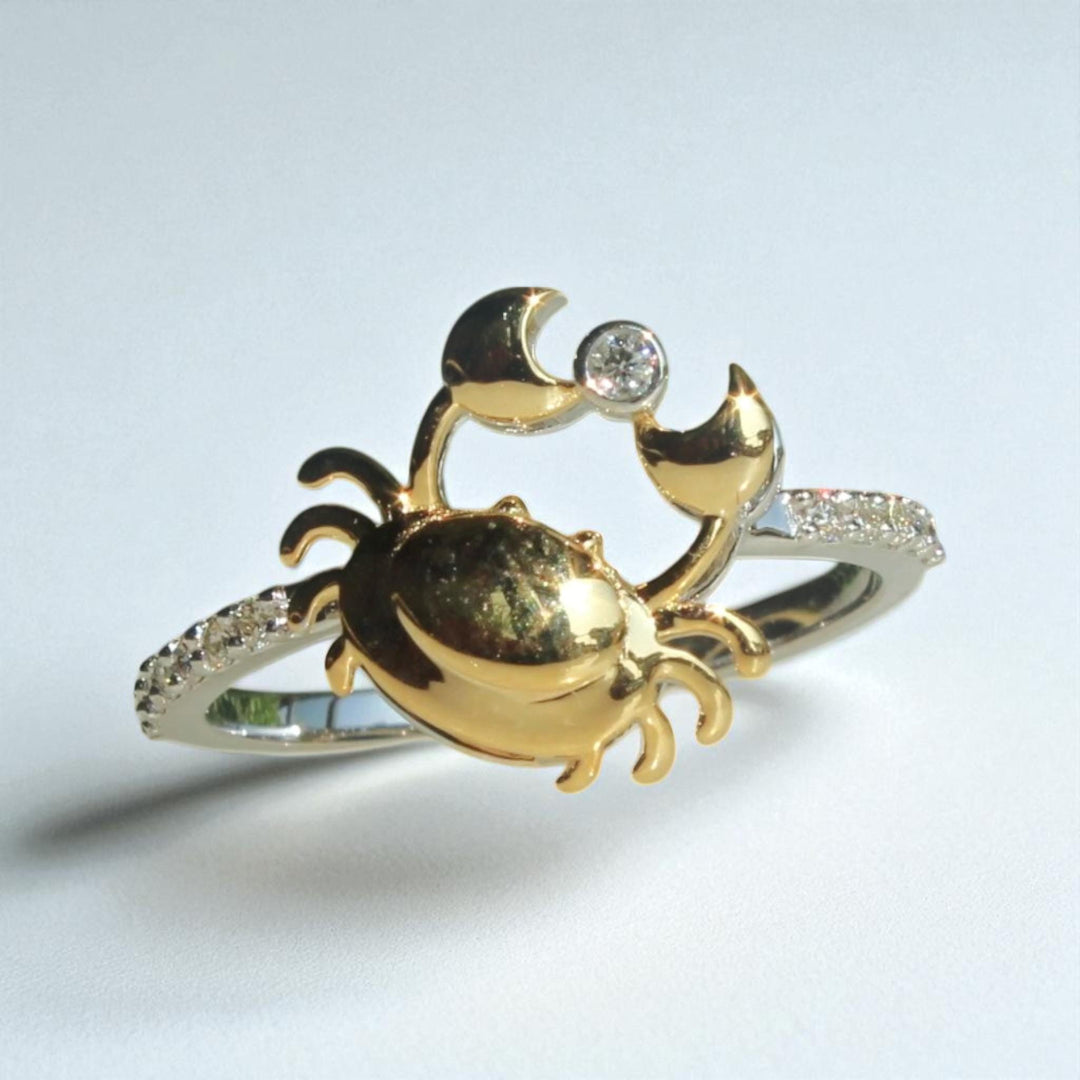 Zodiac Crab Diamond Ring, 14k Solid Gold, Natural Diamonds, Cancerian Sign, Minimalist Everyday Jewelry, Ready To Ship