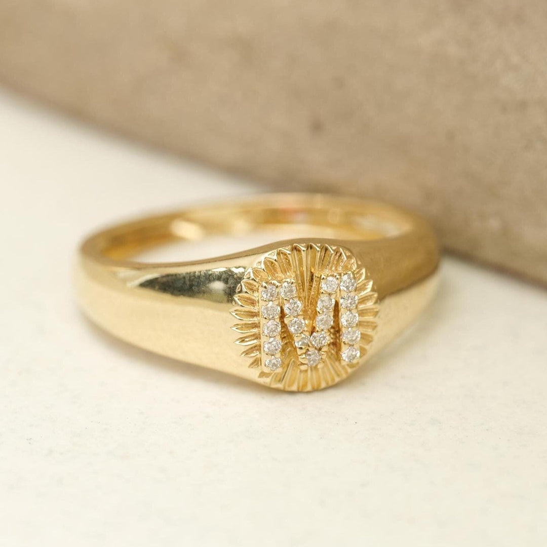 Personalized Medallion Initial Diamond Ring, 14k Solid Gold, Natural Diamonds, Flute Letter Ring, Custom Jewelry, Minimalist Signet Ring