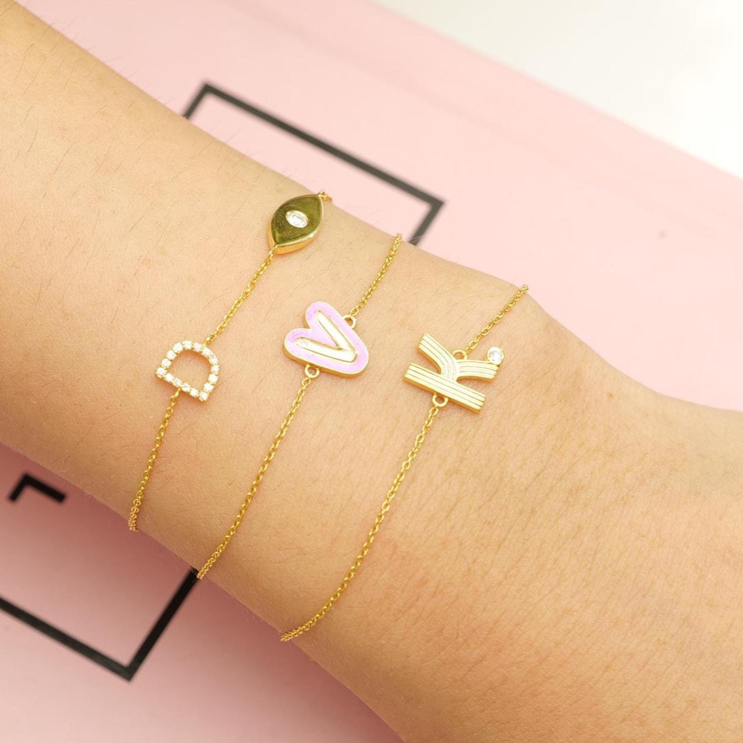 Personalized Initial Enamel Chain Bracelet, 14k Solid Gold, Natural Diamonds, Stacking Everyday Custom Jewelry, Letter Minimalistic Charm