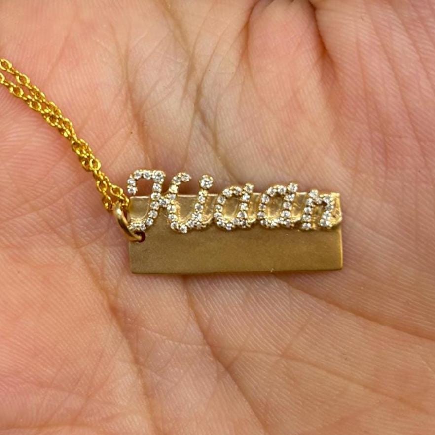 Personalized Nameplate Diamond Pendant Necklace, 14k Solid Gold, Natural Diamonds, Custom Name Stacking Jewelry, Minimalist Letter Necklace,