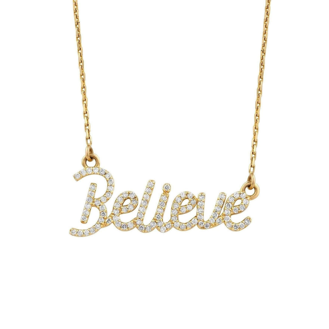 Believe Diamond Necklace, 14k Solid Gold, Natural Diamonds, Handcrafted Word Jewelry, Script Letter Necklace, Minimalistic Everyday Necklace