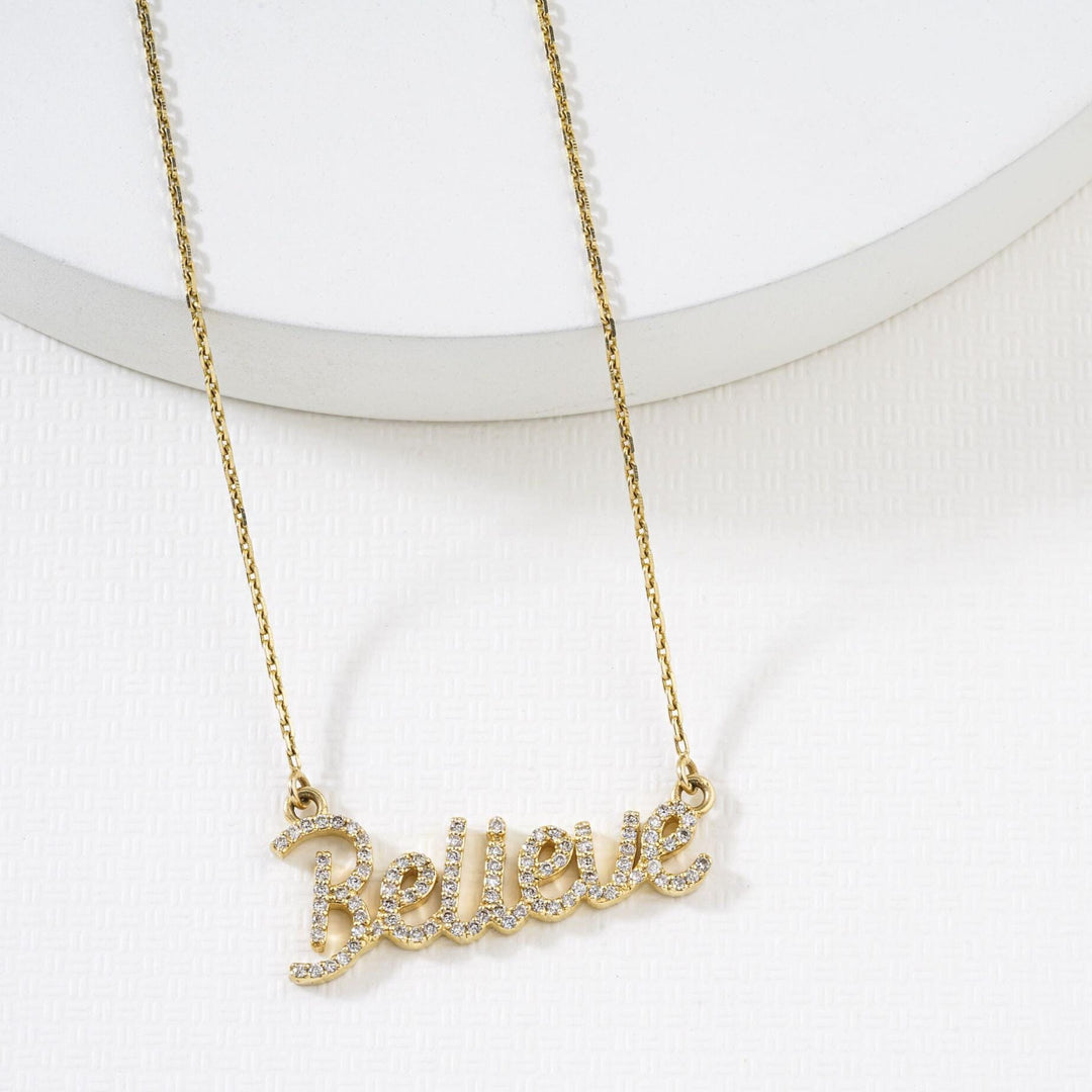 Believe Diamond Necklace, 14k Solid Gold, Natural Diamonds, Handcrafted Word Jewelry, Script Letter Necklace, Minimalistic Everyday Necklace