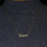 Load image into Gallery viewer, Believe Diamond Necklace, 14k Solid Gold, Natural Diamonds, Handcrafted Word Jewelry, Script Letter Necklace, Minimalistic Everyday Necklace