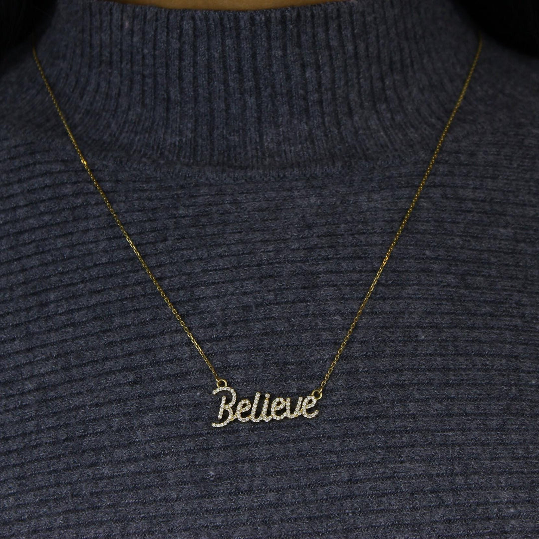 Believe Diamond Necklace, 14k Solid Gold, Natural Diamonds, Handcrafted Word Jewelry, Script Letter Necklace, Minimalistic Everyday Necklace
