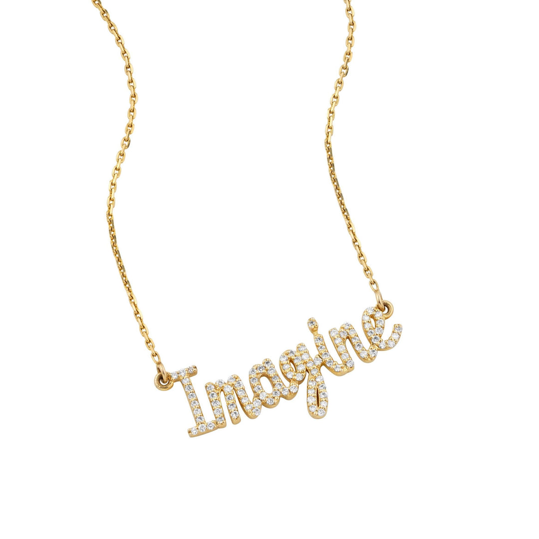 Imagine Diamond Necklace, 14k Solid Gold, Natural Diamonds, Script Word Necklace, Inspirational Jewelry, Handcrafted Minimalistic Jewelry