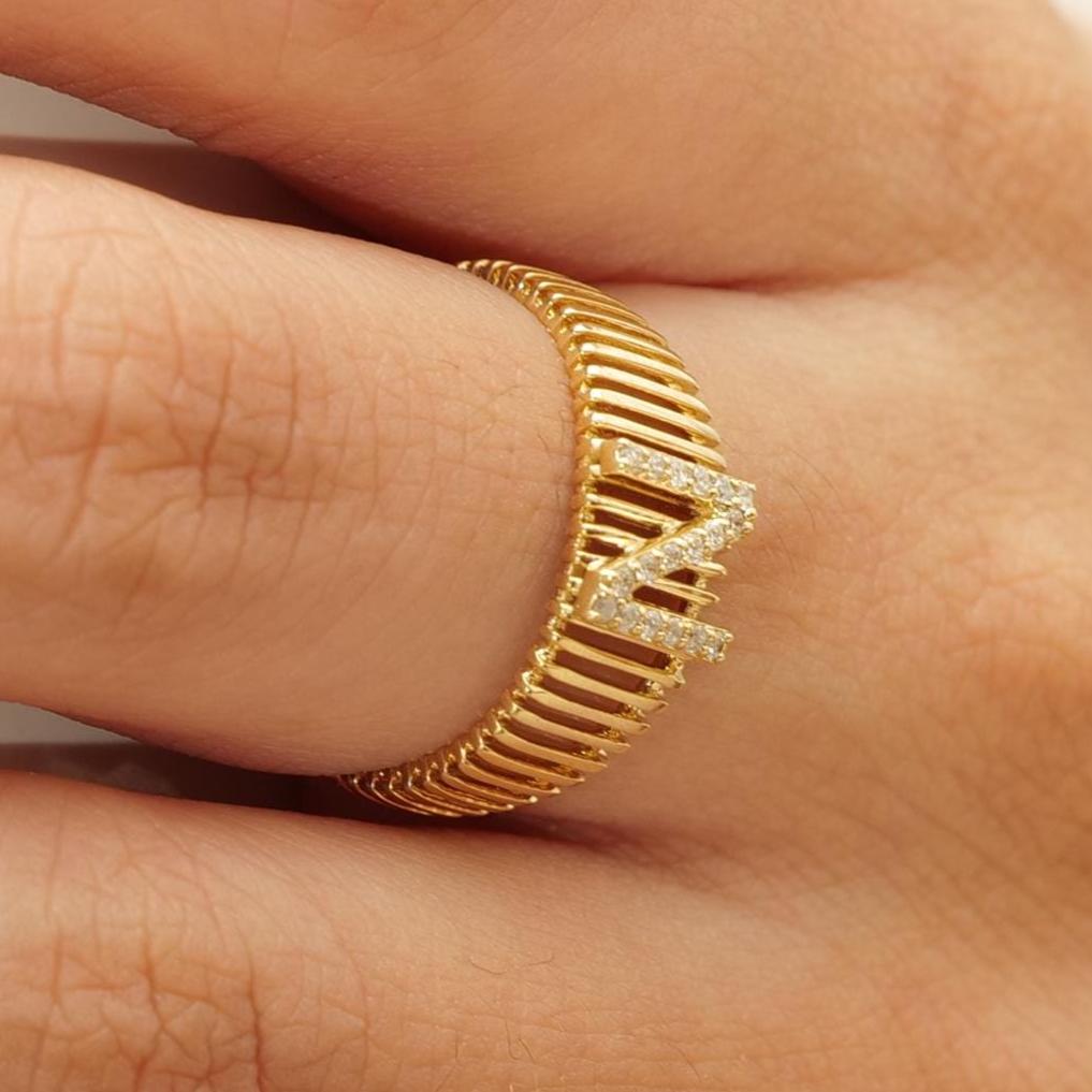 Personalized Initial Letter Diamond Ring, 14k Solid Gold, Natural Diamonds, Lined Cage Bar Band, Custom Jewelry, Minimalist Stackable Band