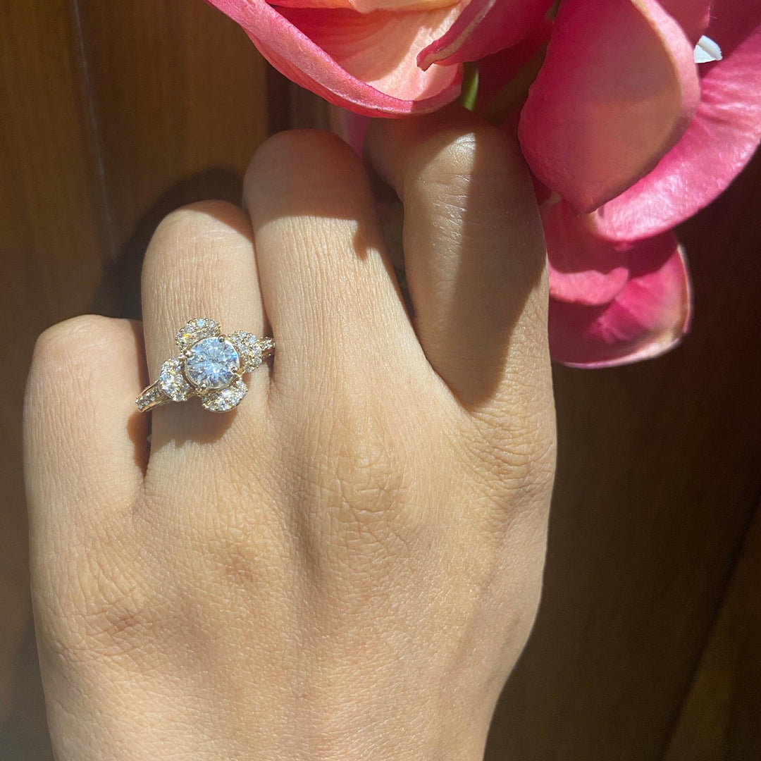 Round Solitaire Diamond Ring, Engagement Ring, Flower Shaped Halo Ring, 14k Solid Gold, Natural Diamonds, Gift For Her