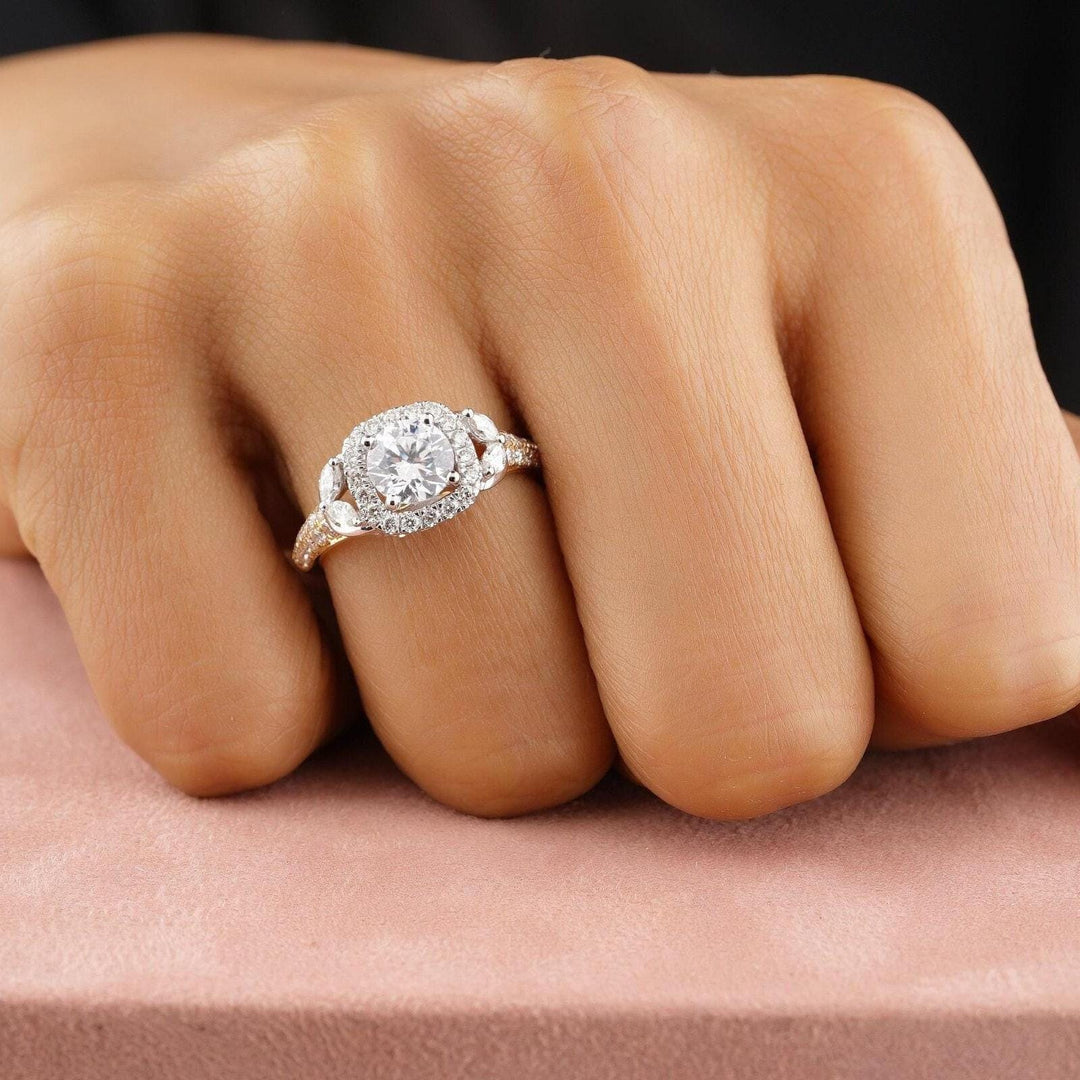 Solitaire Square Diamond Ring, 14k Solid Gold, Marquise leaves Engagement Ring, Dual Tone, Natural Diamonds, Bridal Jewelry, Gift for her