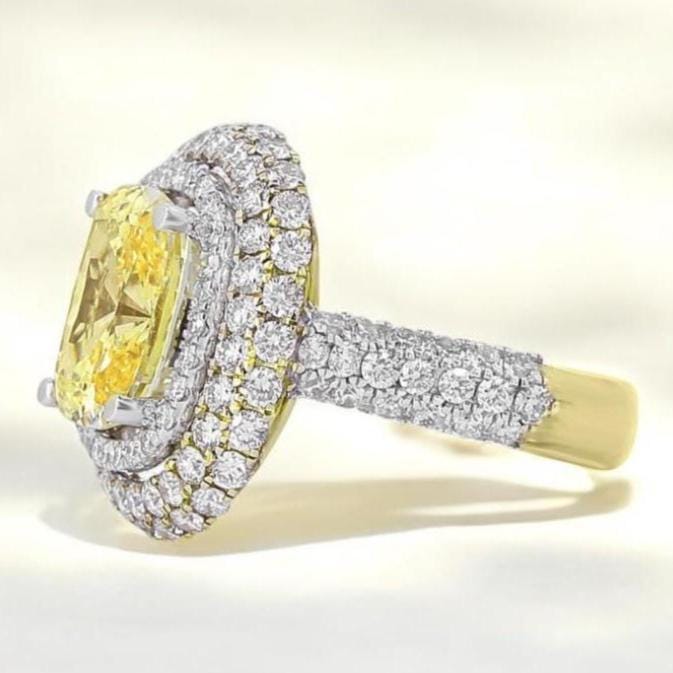 Yellow Sapphire Statement Diamond Ring, Gemstone Cocktail Ring, 14k Solid Gold, Natural Diamonds, Double Halo Birthstone Rings, Gift For Her