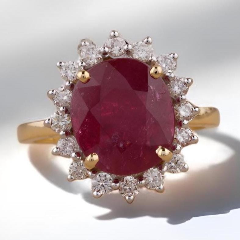 Oval Ruby Diamond Ring, 14k Solid Gold, Natural Diamonds, Cocktail Ring, Gemstone Halo Jewelry, Statement Ring, Gift For Her