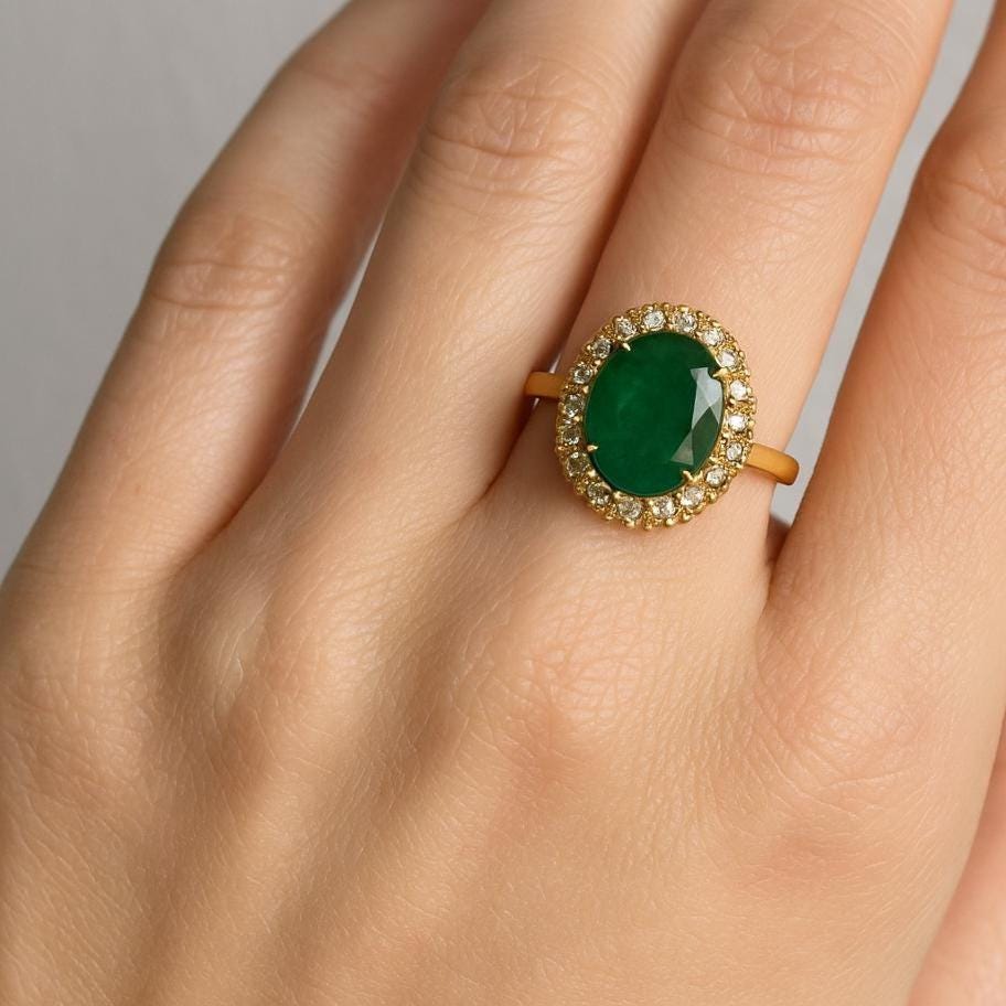 Oval Emerald Halo Diamond Ring, 14K Solid Gold, Natural Diamond, Birthstone Cocktail Gold Ring, Gemstone Statement Jewelry, Gift For Her