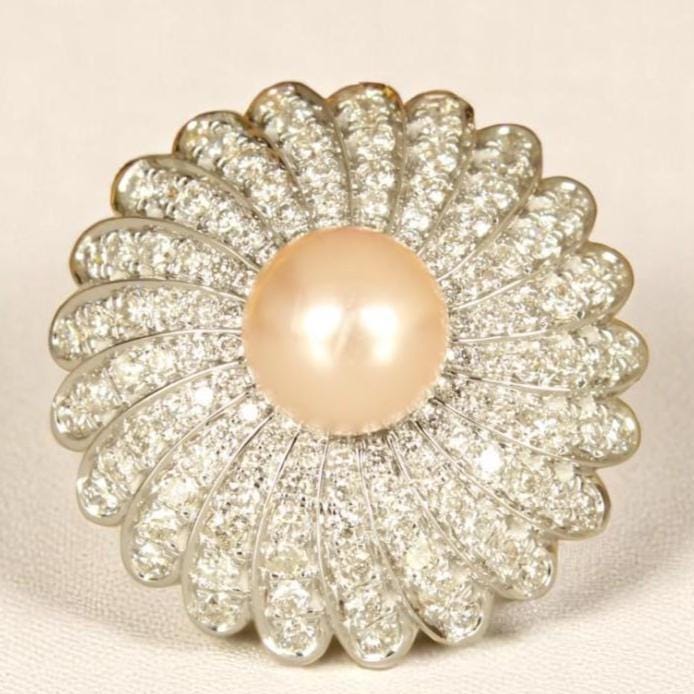 Cultured Pearl Flower Diamond Ring, Gemstone Ring, 14k Solid Gold, Natural Diamonds, Dome Statement Ring, Flower Cocktail Ring, Gift For Her