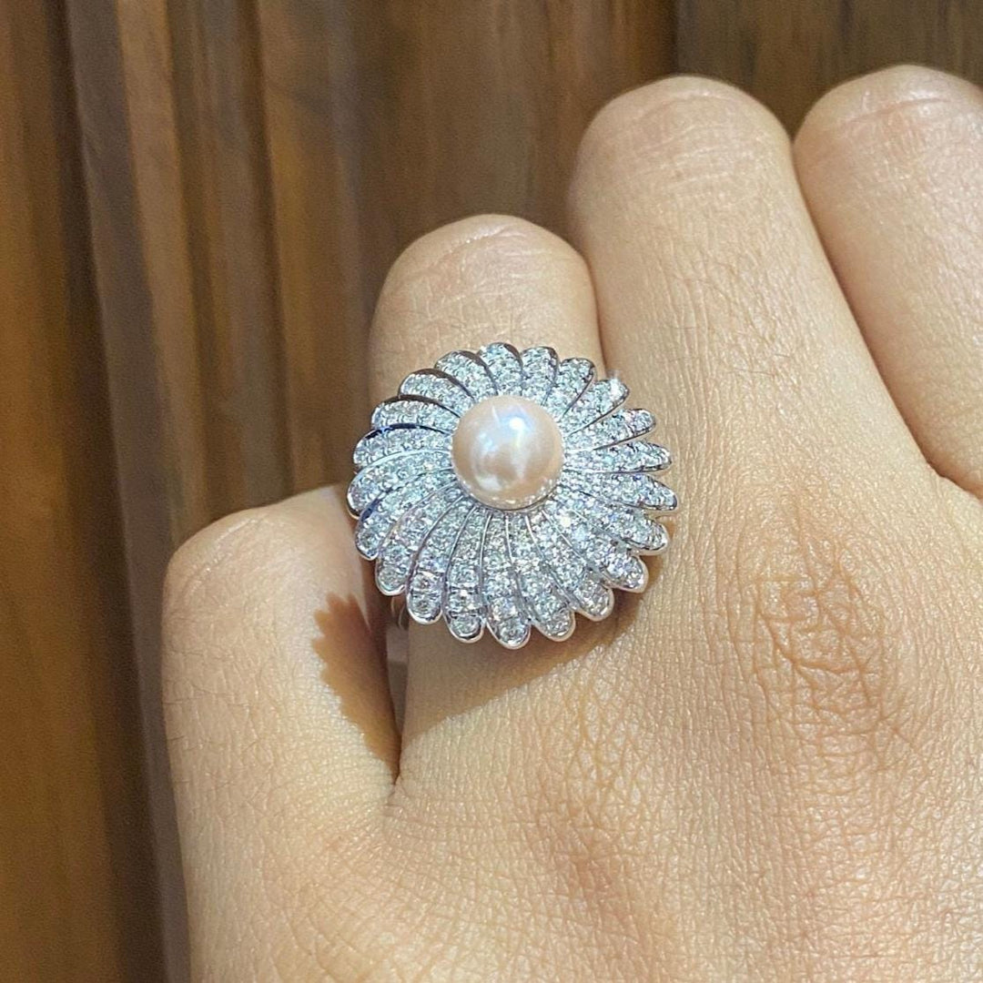 Cultured Pearl Flower Diamond Ring, Gemstone Ring, 14k Solid Gold, Natural Diamonds, Dome Statement Ring, Flower Cocktail Ring, Gift For Her
