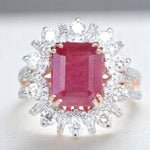 Load image into Gallery viewer, Emerald Cut Ruby Diamond Ring, 14k Solid Gold, Natural Diamonds, July Red Gemstone Halo Ring, Statement Birthstone Jewelry, Gift For Her
