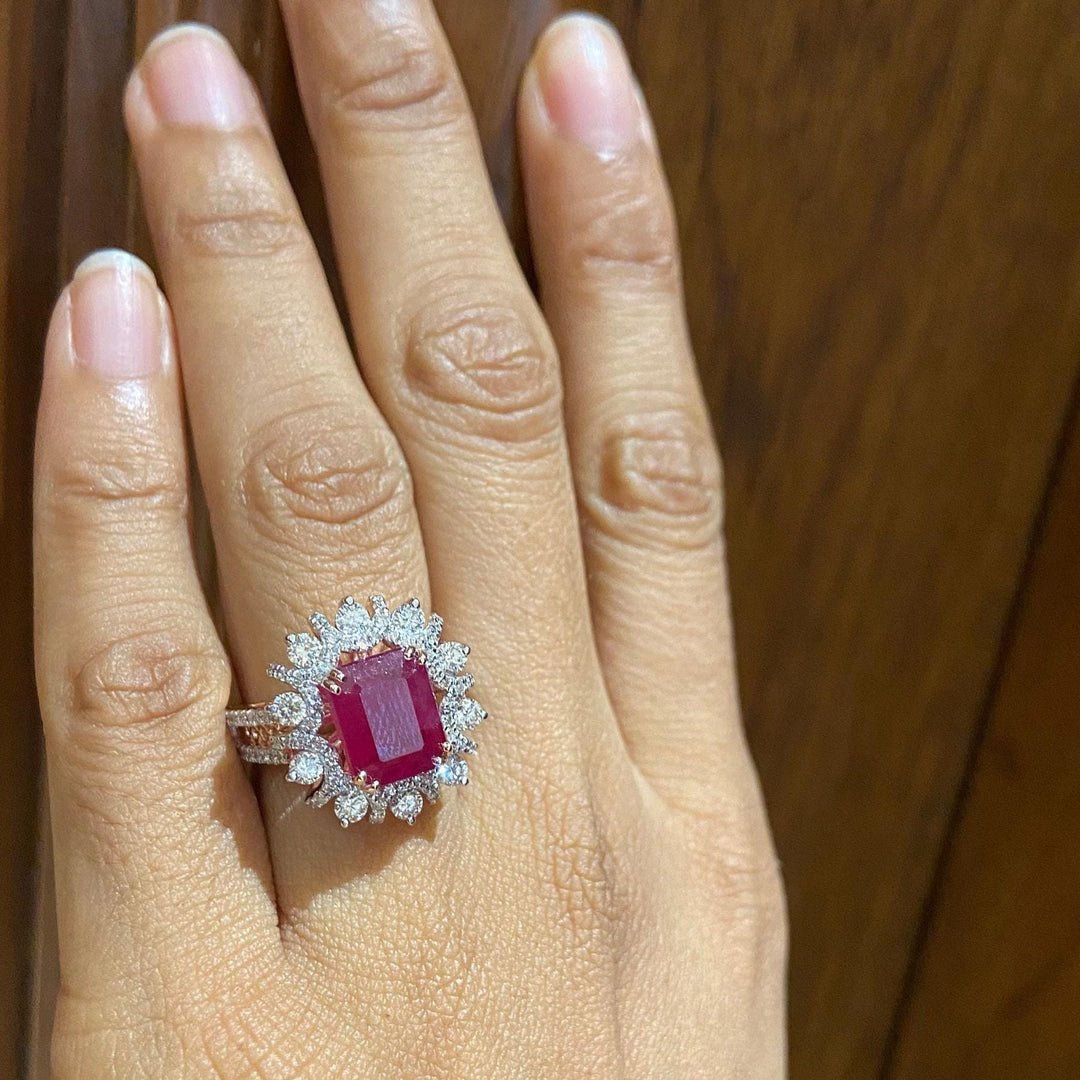 Emerald Cut Ruby Diamond Ring, 14k Solid Gold, Natural Diamonds, July Red Gemstone Halo Ring, Statement Birthstone Jewelry, Gift For Her