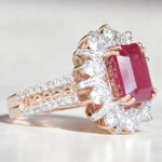 Load image into Gallery viewer, Emerald Cut Ruby Diamond Ring, 14k Solid Gold, Natural Diamonds, July Red Gemstone Halo Ring, Statement Birthstone Jewelry, Gift For Her