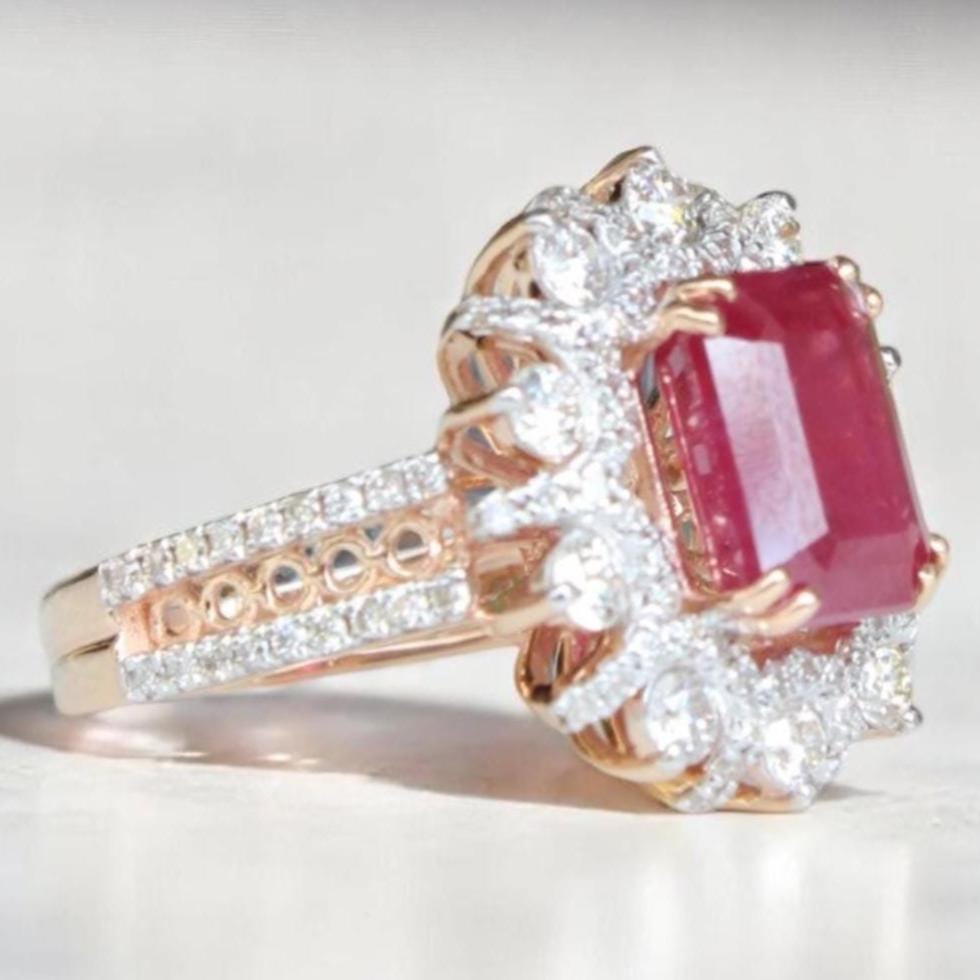 Emerald Cut Ruby Diamond Ring, 14k Solid Gold, Natural Diamonds, July Red Gemstone Halo Ring, Statement Birthstone Jewelry, Gift For Her