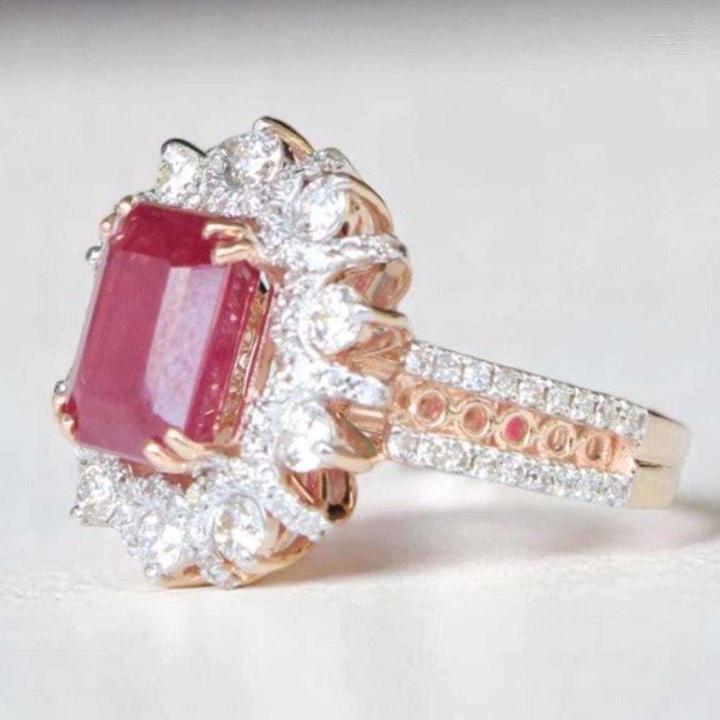 Emerald Cut Ruby Diamond Ring, 14k Solid Gold, Natural Diamonds, July Red Gemstone Halo Ring, Statement Birthstone Jewelry, Gift For Her