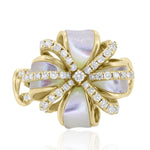 Load image into Gallery viewer, Mother of Pearl Natural Diamond Cocktail Ring: 14k Solid Gold Floral Ribbon Ring, Certified Jewelry