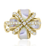 Load image into Gallery viewer, Mother of Pearl Natural Diamond Cocktail Ring: 14k Solid Gold Floral Ribbon Ring, Certified Jewelry