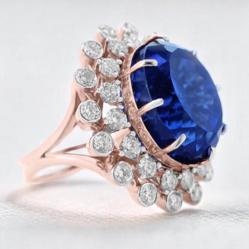 Blue Sapphire Oval Gemstone Diamond Ring, 14k Solid Gold, Cocktail Blue Stone Ring, Natural Diamonds, Birthstone Rings, Gift for her