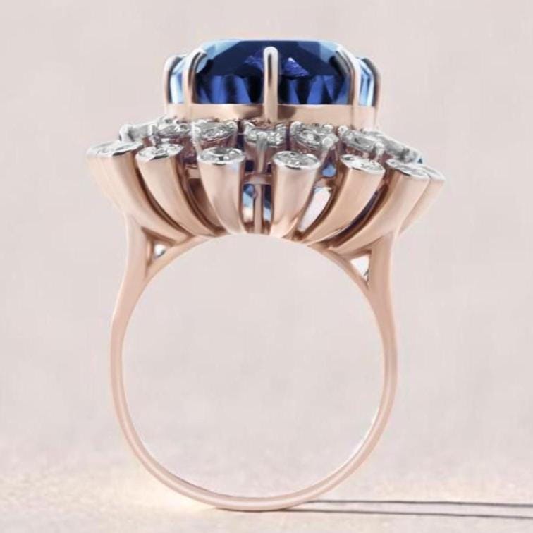Blue Sapphire Oval Gemstone Diamond Ring, 14k Solid Gold, Cocktail Blue Stone Ring, Natural Diamonds, Birthstone Rings, Gift for her
