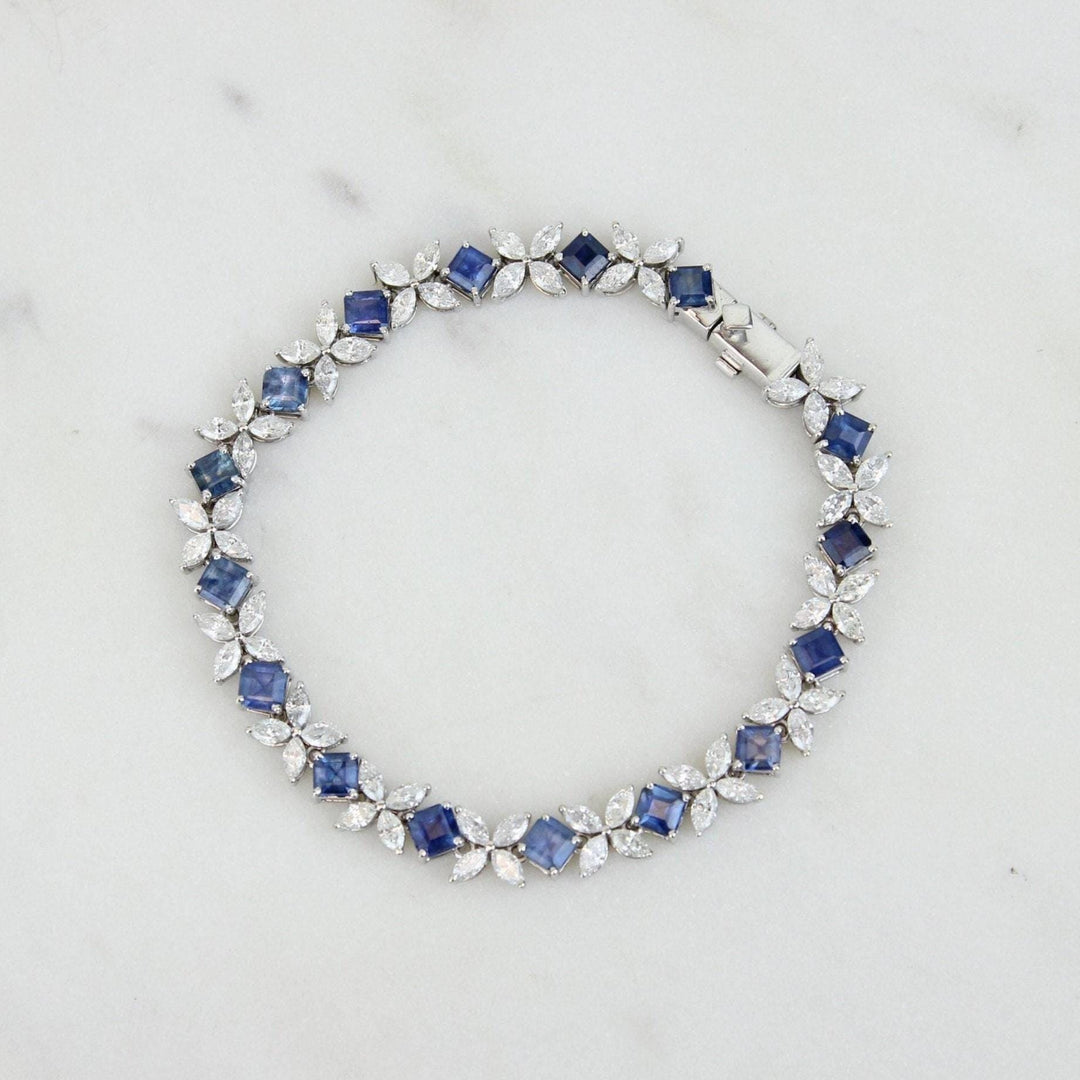 Floral Diamond Blue Sapphire Tennis Bracelet, 14k Solid Gold, Natural Diamonds, Floral Stackable Bracelet, Statement Gemstone Jewelry