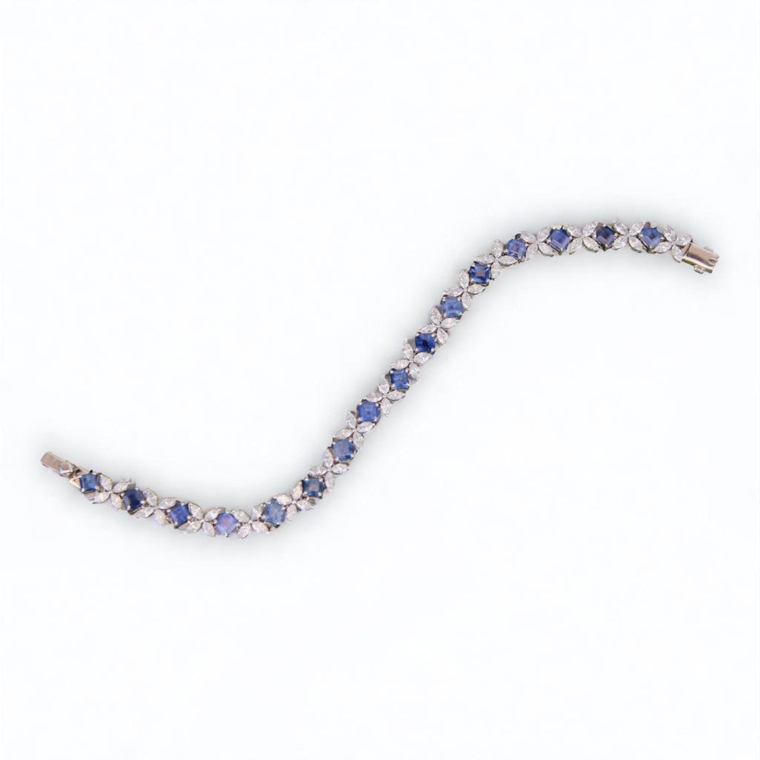 Floral Diamond Blue Sapphire Tennis Bracelet, 14k Solid Gold, Natural Diamonds, Floral Stackable Bracelet, Statement Gemstone Jewelry