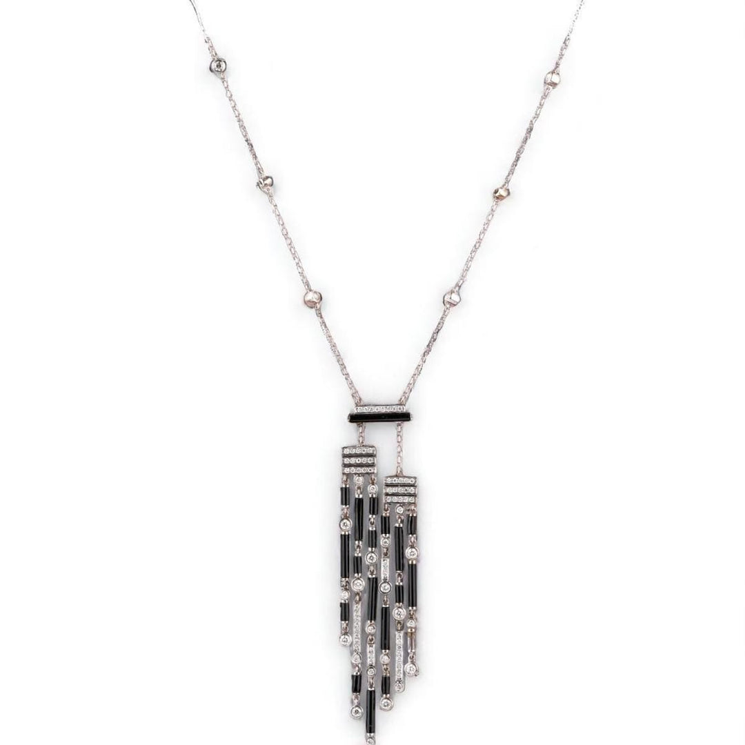 Art Deco Diamond Tassel Necklace With Earrings, 14k Solid Gold, Natural Diamonds, Black Onyx Gemstone Pendant, Cocktail Statement Jewelry