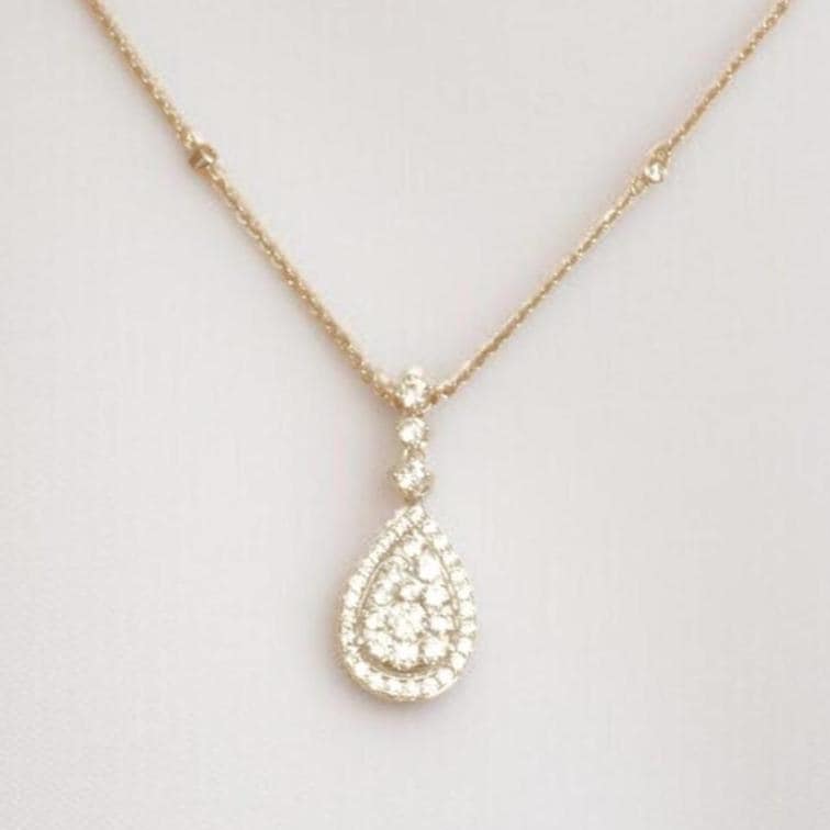 Halo Teardrop Diamond Necklace, 14k Solid Gold, Natural Diamonds, Cluster Set Bridal Chain Pendant, Minimalist Stacking Jewelry