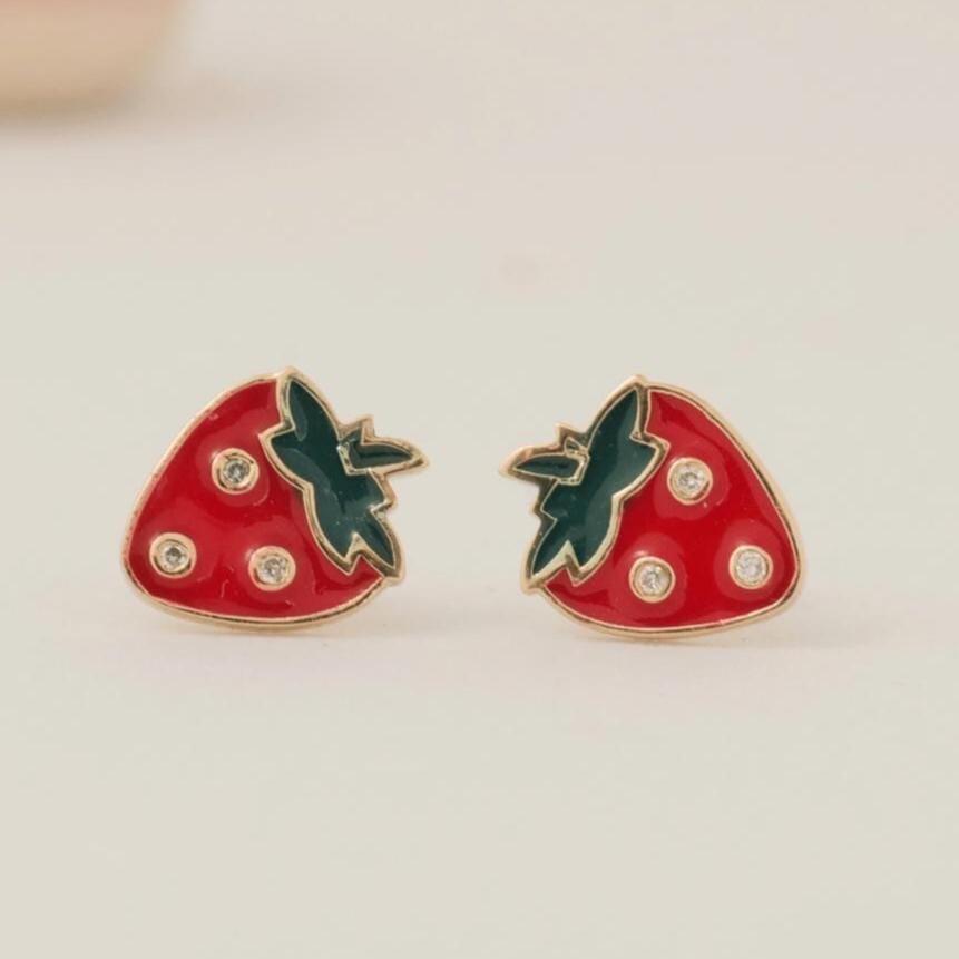 Strawberry Diamond Kids Studs, 14k Solid Gold, Natural Diamond, Enamel Fruit Earrings, Everyday Jewelry, Gift for toddlers, girls and kids