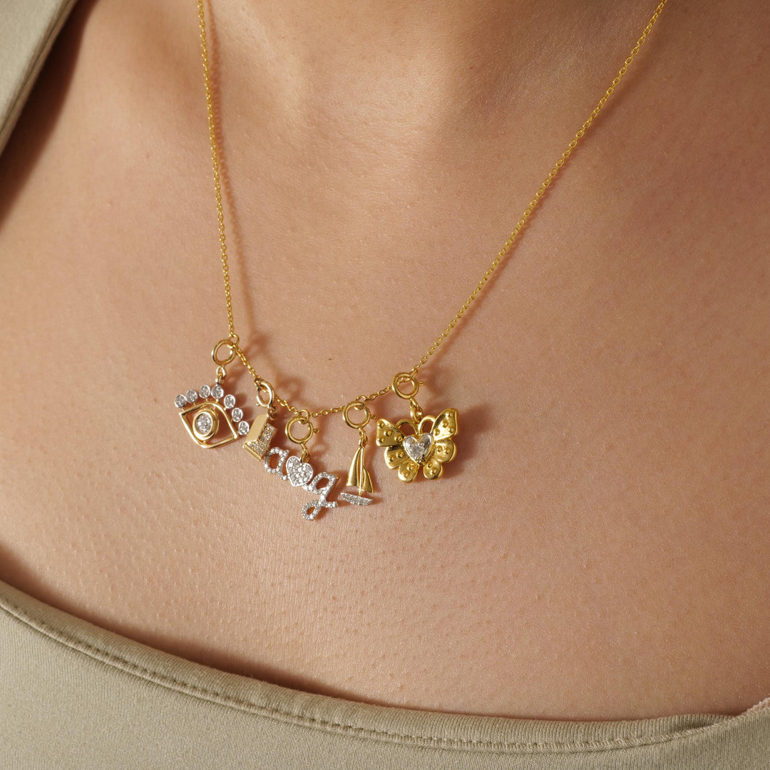 Butterfly Heart Diamond Charm, 14k Solid Gold, Natural Diamonds, Everyday Minimalistic Pendant, Dual Tone Layering Necklace, Ready To Ship