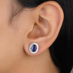 Load image into Gallery viewer, Oval Blue Sapphires Halo Diamond Earrings, 14K Solid Gold, Natural Diamonds, Gemstone Everyday Studs, Bridal Wedding Jewelry