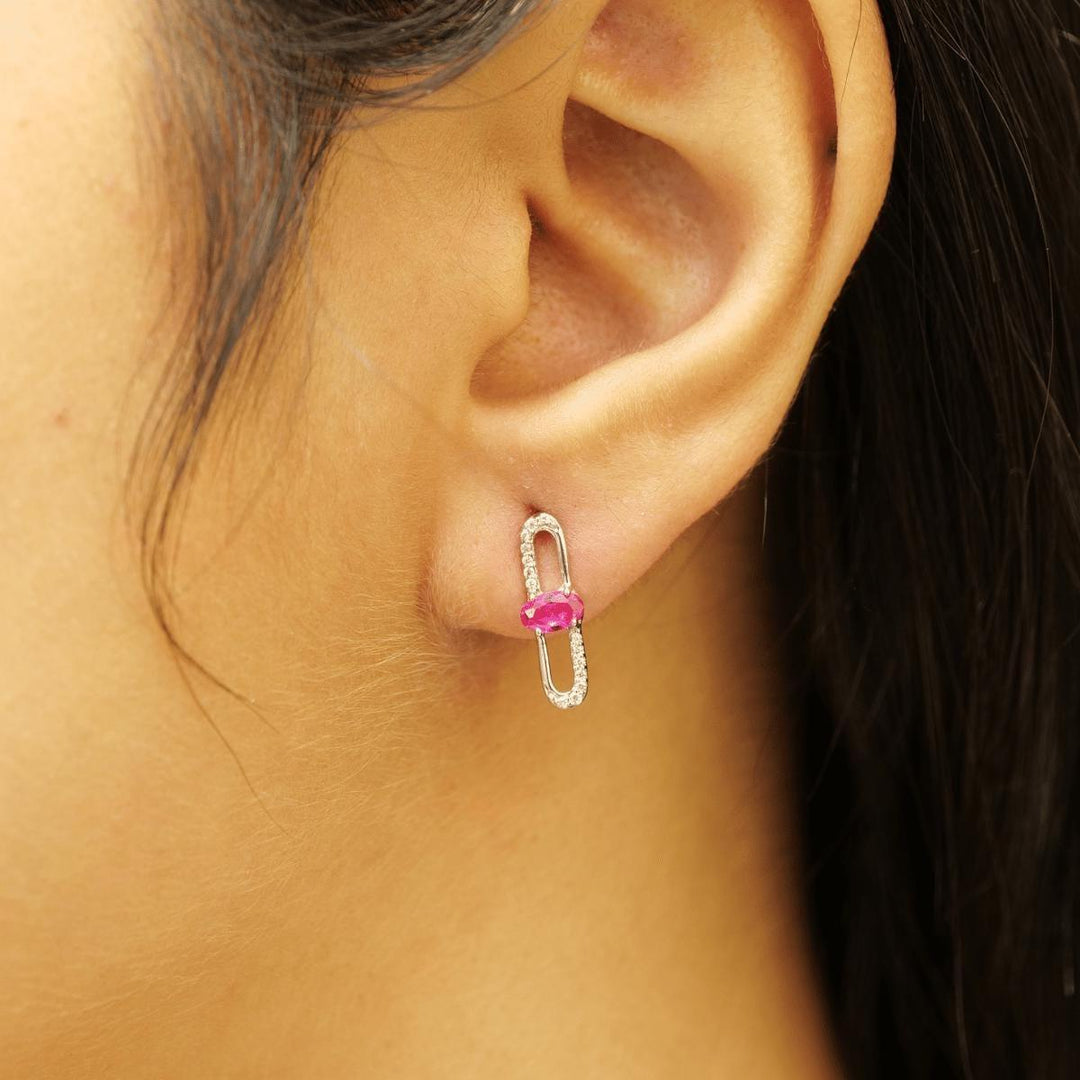 Paperclip Ruby Stud Earrings, 14k Solid Gold, Natural Diamonds, Lightweight Everyday Earrings, Link Gemstone Earrings