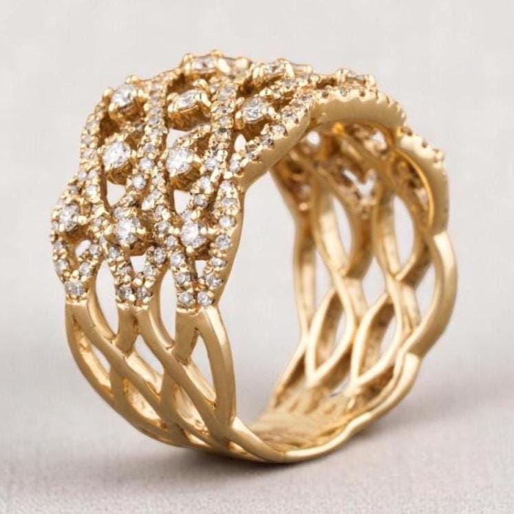 Criss Cross Diamond Ring, 14k solid gold, Natural Diamonds, Wedding Broad Band, Cocktail Statement Ring, Wide Band Ring, Gift For Her