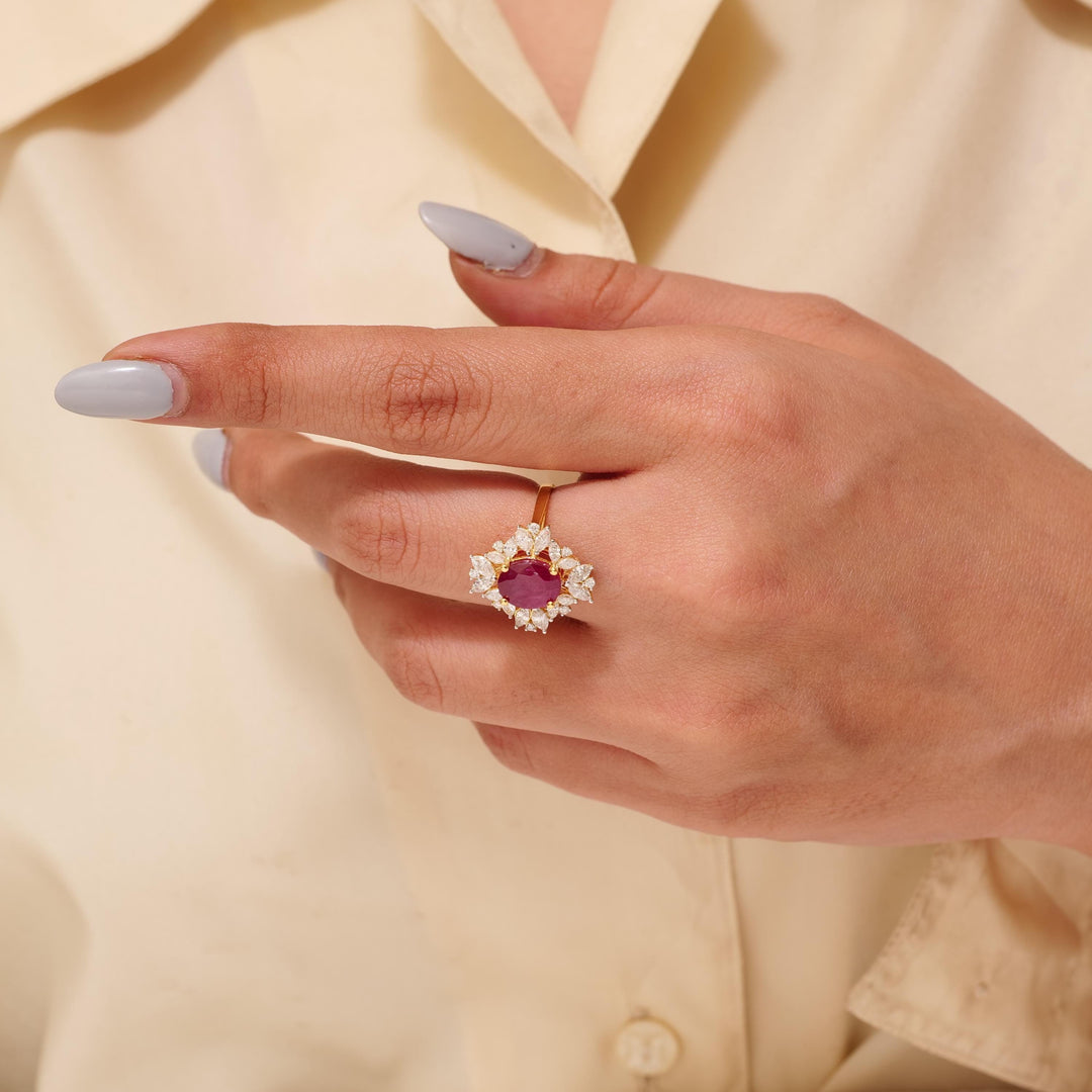 Oval Ruby Diamond Ring, 14k Solid Gold, Natural Diamonds, GemstoneStatement Ring, Bold Cocktail Ring, Ready To Ship, IGI Certified
