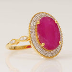 Load image into Gallery viewer, Oval Ruby Double Halo Diamond Ring, 14k Solid Gold, Natural Diamond, Cocktail Gemstone Jewelry, Statement Ring, Ready To Ship, IGI Certified