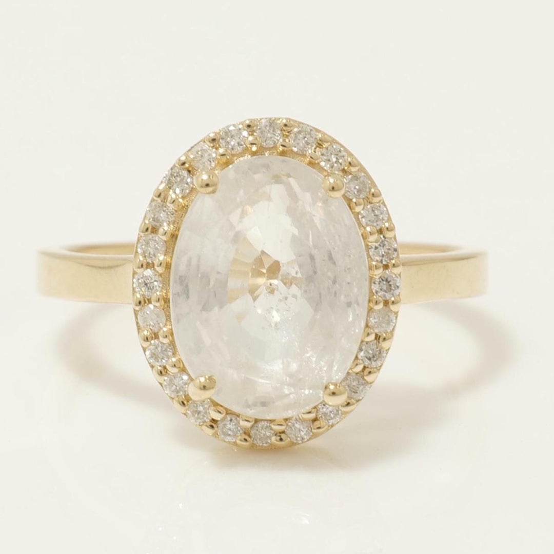 White Sapphire Oval Halo Diamond Ring, 14k Solid Gold, Natural Diamond, Cocktail Gemstone Statement Jewelry, Ready To Ship, HRD Certified